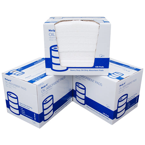 Absorbent Oil Pads 400g Box/100: Image shows a close-up of stacked white boxes containing synthetic absorbent pads, ideal for soaking up spills. Perfect for safety and workplace supply needs.