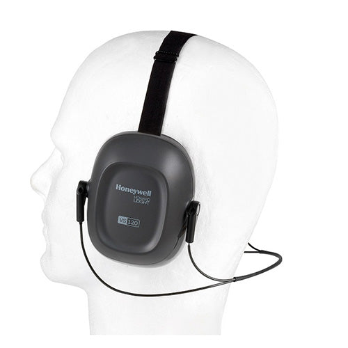 VeriShield VS120 Neckband Earmuff Class 5 displayed on a mannequin, highlighting its wide cup opening and memory foam ear cushions, emphasizing comfort and effective hearing protection from Active Safety's PPE gear collection.