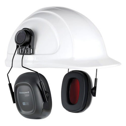 VeriShield Cap Mount Earmuff Class 5 by Howard Leight features a white hard hat with integrated earmuffs, designed for high performance in industrial settings, ensuring comfort and durability in extreme conditions.