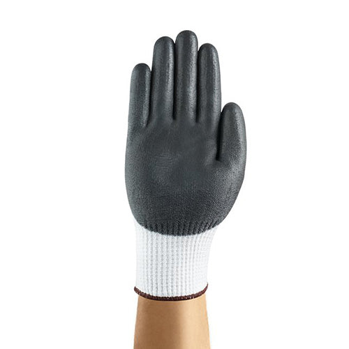Ansell HyFlex Cut 5 Palm Dipped Gloves on a hand, showcasing the glove's breathable construction and palm-dipped PU coating, ideal for cut resistance and enhanced grip in industrial environments.