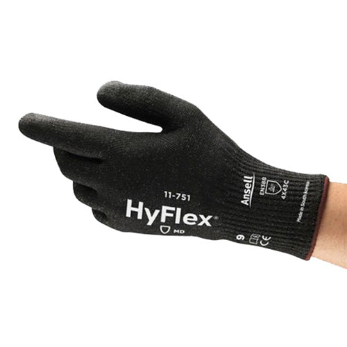 Ansell Hyflex Cut-Resistant General Purpose Gloves on a hand, showcasing their black PU-coated surface with white text, designed for durability and advanced cut resistance, ideal for workplace safety.