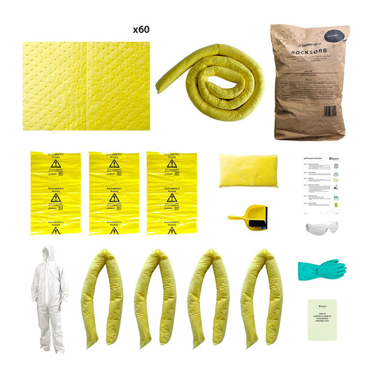 Chemical Spill Refill Pack 100 Litre featuring yellow sorbent pads and socks, designed for efficient chemical spill management. Includes safety gloves, coveralls, and spill response tools from Active Safety.