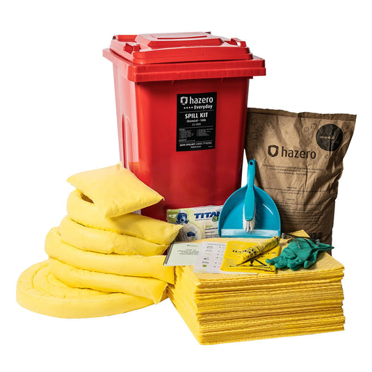 Chemical Spill Kit 100 Litre featuring a red wheeled bin with a white label, containing various yellow chemical sorbents and a blue dustpan, designed for effective spill management and safety.