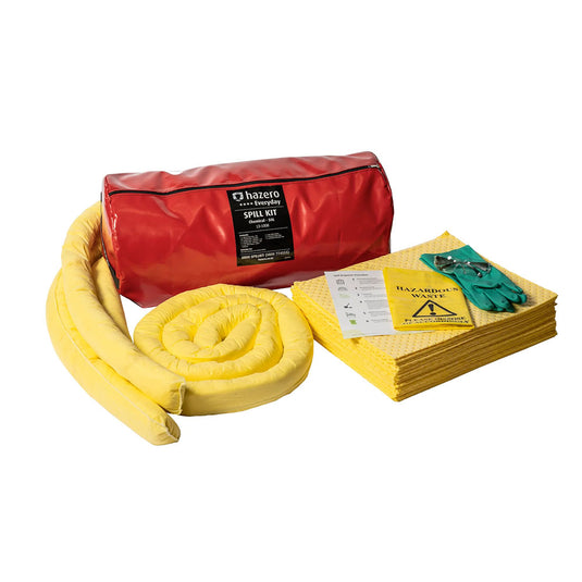 Chemical Spill Kit 50 Litre featuring a red bag with a white label, yellow spill pads, socks, pillows, and a pair of gloves, designed to absorb chemical spills up to 50 litres.