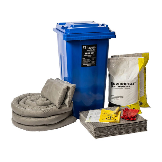 General Purpose Spill Kit 100 Litre featuring a blue wheeled container, sorbent pads, socks, pillows, safety gloves, and waste bags, ideal for managing general liquid spills efficiently.
