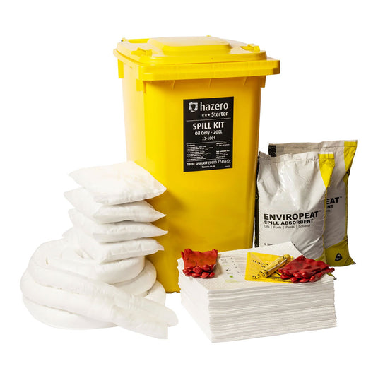 Oil Spill Kit 200 Litre featuring a yellow wheeled container with a white label, designed for effective large spill management. Includes sorbent pads, socks, and pillows stored conveniently for quick deployment.