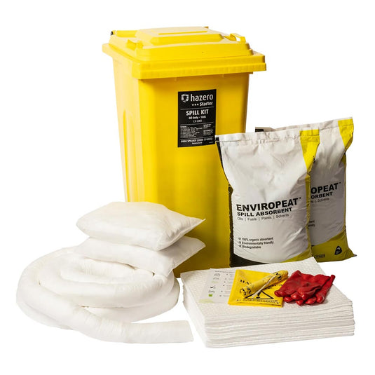 Oil Spill Kit 100 Litre featuring a yellow wheeled bin, white oil-only sorbent pads, socks, pillows, natural absorbent fiber bags, safety gloves, and a laminated instruction card, designed for hydrocarbon spill control.