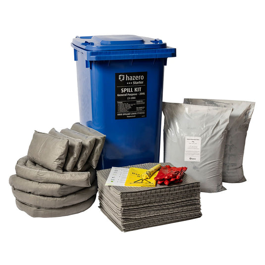 General Purpose Spill Kit 200 Litre, featuring a blue wheeled bin for transport and disposal, includes sorbent pads, socks, pillows, safety gloves, and waste bags for effective spill management.