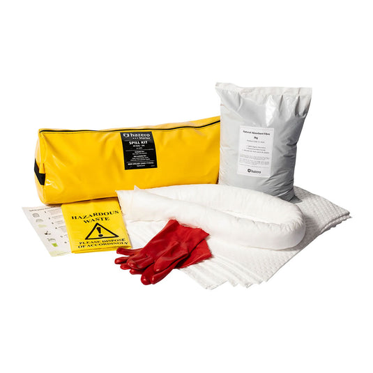 Oil Spill Kit 20 Litre featuring absorbent white pads, socks, booms, and pillows, designed for hydrocarbon spill cleanup, displayed on a white background with visible packaging elements.