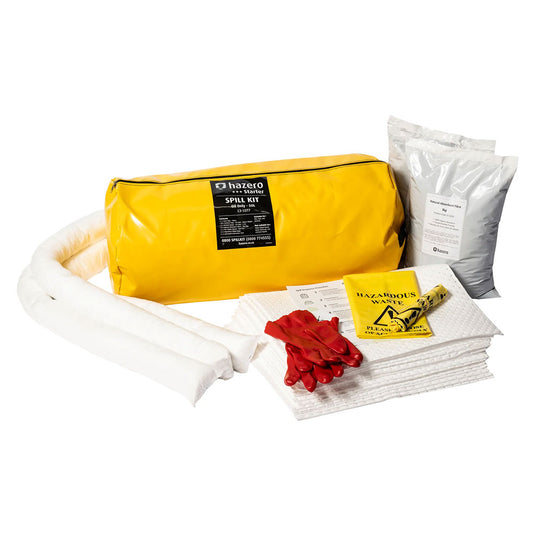 Oil Spill Kit 50 Litre featuring white oil and fuel spill pads, socks, booms, and pillows, designed to absorb up to 50 litres of hydrocarbon spills. Ideal for effective workplace safety management.
