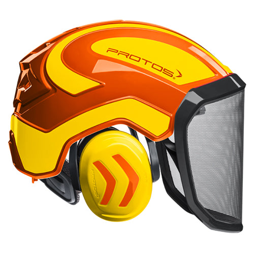 PROTOS Integral Forestry Helmet: Orange/Yellow with integrated components for branch protection, featuring a mesh visor for visibility and safety in forest environments. Designed for extreme weather and impact resistance.