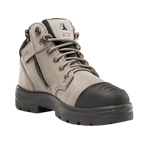 Load image into Gallery viewer, Steel Blue Parkes Zip Safety Boots, Slate, featuring a close-up view of the sturdy industrial-grade zipper and durable scuff cap, ideal for demanding environments like warehouses and construction sites.