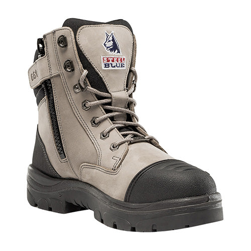 Load image into Gallery viewer, Steel Blue Southern Cross Zip Safety Boots in Slate, featuring a close-up of the rugged boot's Industrial Grade Zipper and reinforced toe, designed for durability and comfort in demanding work environments.