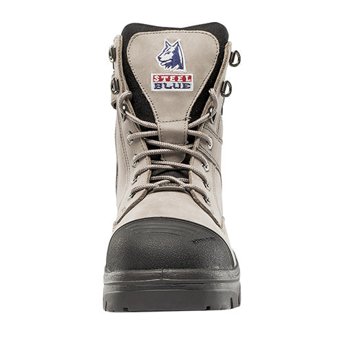 Load image into Gallery viewer, Steel Blue Southern Cross Zip Safety Boots, Slate, featuring a close-up view of a robust work boot with a sturdy zipper, designed for safety and comfort in industrial environments.