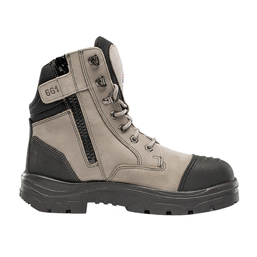 Load image into Gallery viewer, Steel Blue Southern Cross Zip Safety Boots, Slate; a close-up view showcasing the rugged design, industrial-grade zipper, and durable construction, ideal for construction and indoor trades. Perfect for reliable workplace safety.