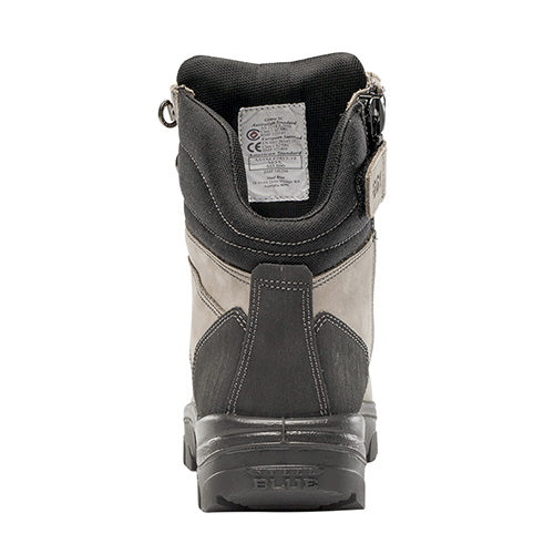 Load image into Gallery viewer, Steel Blue Southern Cross Zip Safety Boots, Slate: Close-up of a sturdy 150mm ankle work boot featuring a steel toe cap, industrial-grade zipper, and scuff cap for enhanced durability and safety.