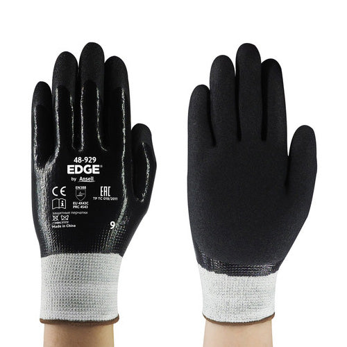 Ansell Edge 48-929 Cut Resistant Gloves feature seamless liners and full NBR coating for oil protection, with rough palm texture ensuring a secure grip, ideal for handling sharp, oily components.