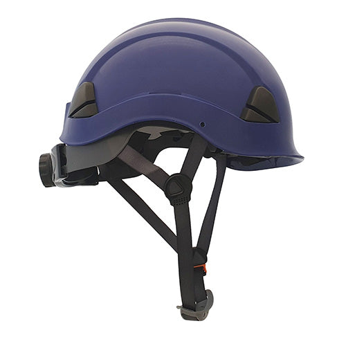 ST Peakless Helmet: Blue, featuring a high-impact ABS shell with adjustable chin straps, a 5-point nylon ratchet harness, and universal ear muff attachment slots, ideal for personal protective equipment needs.