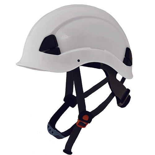 ST Peakless Helmet: White. This helmet features a sleek design with black straps, a 5-point nylon ratchet harness, and slots for accessories, ideal for workplace safety.