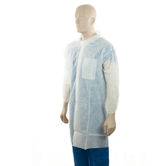 Bastion PP Lab Coat, Carton/100: XL displayed on a mannequin, showcasing its practical design with front pocket, hook and loop fasteners, ideal for medical and safety environments.