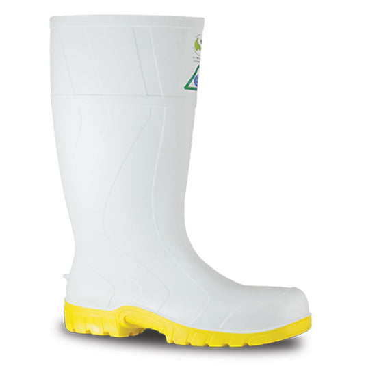 Bata Safemate Safety Gumboots, White/Yellow, featuring a white PVC upper with a yellow sole, designed for comfort and protection with a steel toe cap and slip-resistant, oil-resistant sole.