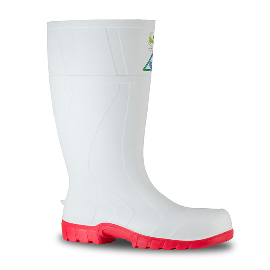 Bata Safemate Safety Gumboots, White/Red, showcasing a sturdy white boot with distinctive red soles, designed for industrial safety with a steel toe cap and slip-resistant features.