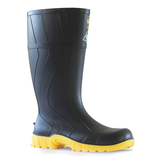 Bata Safemate Safety Gumboots, Black/Yellow, featuring a robust PVC upper, steel toe cap, and slip-resistant sole, designed for industrial safety and comfort.