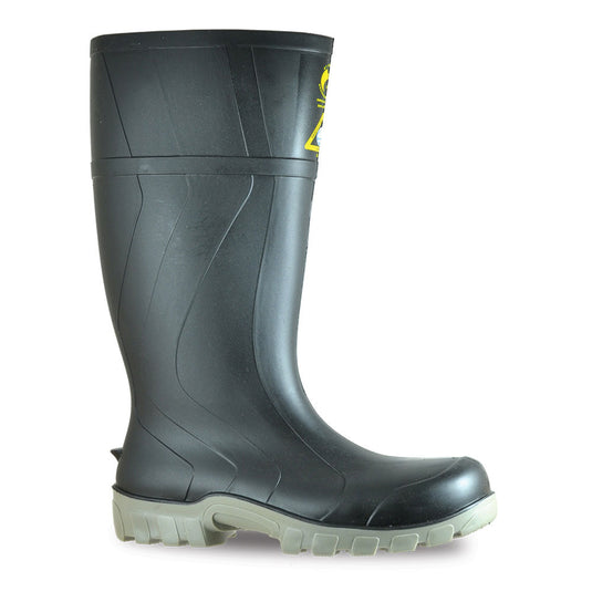 Bata Steelmate Safety Gumboot, Black/Grey, features a durable steel toe and penetration-resistant midsole, ideal for construction and farming. The boot is designed for rugged terrain with slip-resistant, oil-resistant outsole.