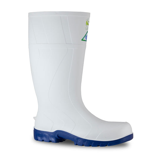 Bata Safemate Gumboots, White/Blue, featuring a sturdy design with blue soles and a steel toe cap for enhanced safety, ideal for industrial environments requiring waterproof and slip-resistant footwear.
