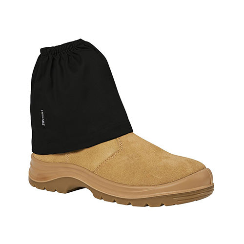 Cotton Drill Boot Covers: Black (Pair) featuring a brown boot with black cloth detail, designed for safety and durability. Ideal for workplace protection, aligning with Active Safety's commitment to quality safety gear.