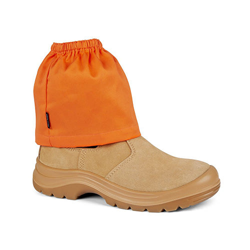 Cotton Drill Boot Covers: Orange (Pair) - A close-up view of a brown boot partially covered by an orange cotton drill cover, ideal for safety and work environments, emphasizing functional footwear protection.
