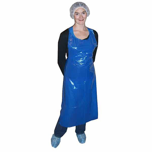 PE Disposable Aprons, Blue: Carton/1000, featuring a woman in a blue apron and hair net, highlighting its application in food industry settings. Lightweight and waterproof, ideal for professional environments.