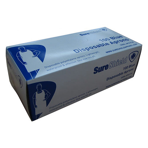 PE Disposable Aprons, Blue: Carton/1000 displayed in a branded carton for workplace safety, highlighting its use in the food industry. The image shows text labels and packaging details, emphasizing product relevance.