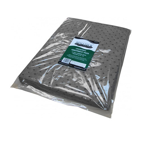SpillTech Universal Pads 400gsm: Pk/10 displayed in packaging, showcasing a 10-pack of heavy-weight absorbent pads, each capable of absorbing up to 1.2L of various liquid spills, ideal for workplace safety.