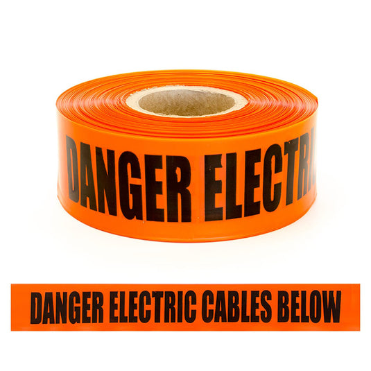 Danger Electrical Cables Tape, 250m roll, featuring bold black text on high-quality polythene. Ideal for marking hazardous areas, this safety tape emphasizes caution with Danger Electrical Cable Below clearly displayed.