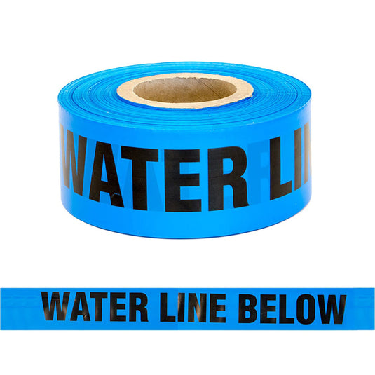 Water Line Below Tape, 250m, is a high-quality polythene barrier tape designed for safety applications. The image features a roll of blue tape with black text, highlighting its durability and utility.