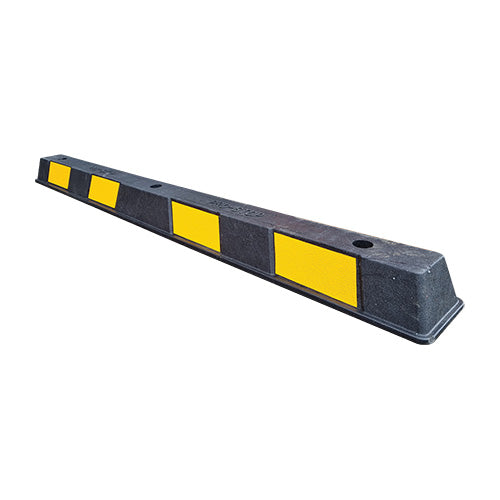 Pro-Stop Wheel Stop 1.65m, designed for safety in carparks, features durable recycled plastic with reflective yellow chevrons and flexible construction, ensuring ground contour adaptability and easy installation with pre-drilled holes.