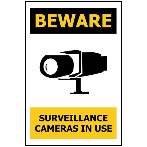 Beware Surveillance Cameras In Use Sign: 240 x 340 ACM, prominently displays camera icon and bold text, ideal for enhancing security awareness. Durable, UV-stabilized for diverse environments, reflecting Active Safety's commitment to workplace safety.
