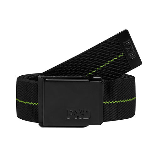 FXD Stretch Belt featuring a black strap with distinct green stripes, complemented by an adjustable matte black embossed buckle, designed for versatile fit and functionality in workplace settings.
