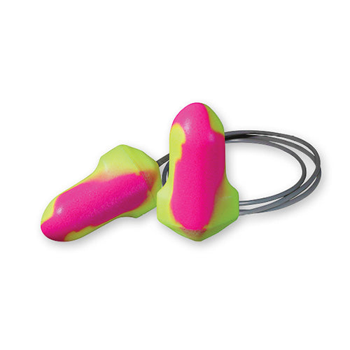 Esko Vortex T-Shaped Corded Earplugs Class 5, close-up view of pink and yellow foam earplugs on a wire, designed for effective hearing protection in high-noise environments, sold in a box of 100 pairs.