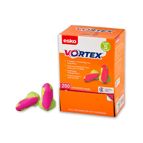 Esko Vortex T-Shaped Uncorded Earplugs Class 5 Box/200, shown in a box, highlighting the earplugs' T-shape design for easy handling and comfort, ideal for noise reduction and safety in workplaces.