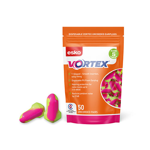 Esko Vortex T-Shaped Uncorded Earplugs Class 5, Pk/50. The image shows a labeled bag containing pink and yellow earplugs, designed for high-level hearing protection and comfort, ideal for workplace safety.