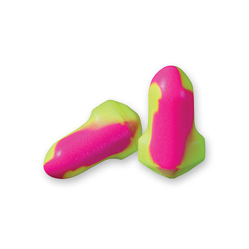 Esko Vortex T-Shaped Uncorded Earplugs Class 5, Pk/50, featuring yellow and pink design, ideal for reducing ambient noise by 27dB, made from comfortable low-pressure polyurethane foam for prolonged wear.