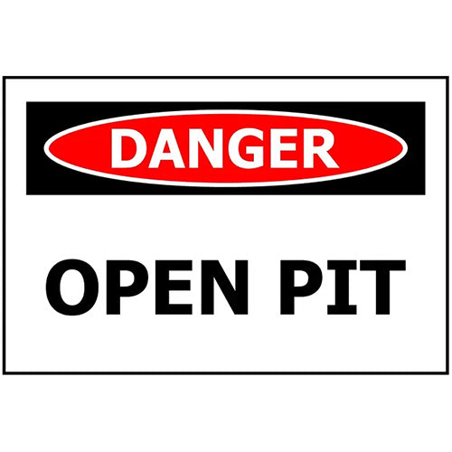 Danger Open Pit Sign: 340 x 240 ACM, featuring a durable aluminum composite design with clear red and black text, ideal for both indoor and outdoor safety applications.
