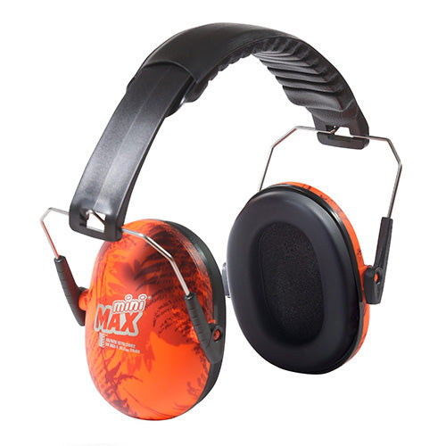 Esko MiniMax Kids Earmuff Class 5: Orange Camo, featuring padded headband and foam-filled ear cushions, designed for young ear protection. Ideal for motorsports, concerts, and more, with convenient foldable design.