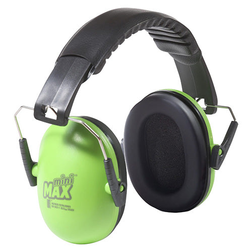 Esko MiniMax Kids Earmuff, Class 5: Green, features a padded headband and foam-filled ear cushions for comfort, designed for young ear protection in loud environments, suitable for various activities and easy storage.