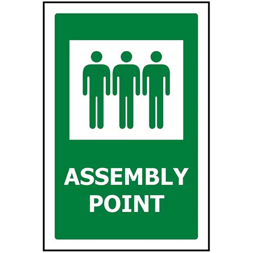 Assembly Point Sign 480 x 600 ACM, featuring durable, UV-stable aluminum composite material, ideal for indoor and outdoor use. Designed for safety and longevity, reflecting Active Safety's commitment to quality.
