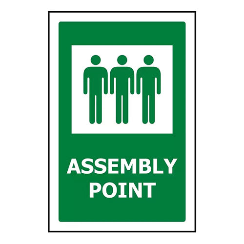 Assembly Point Sign: 240 x 340 ACM featuring a green design with white text, ideal for indoor and outdoor use, made of UV-stable aluminum composite material for enhanced durability in safety applications.