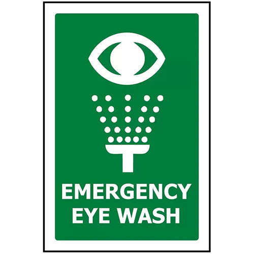 Emergency Eyewash Sign: 240 x 340 ACM, featuring a green design with a white eye and sprinkler icon, crafted from durable Aluminum Composite Material, ideal for indoor and outdoor safety applications.