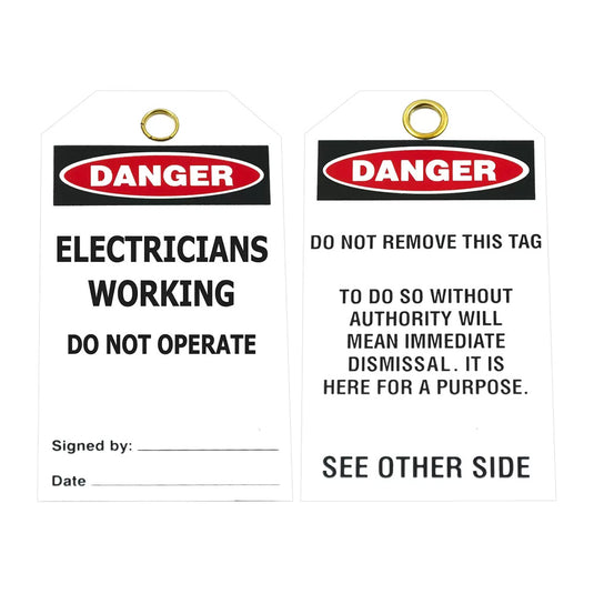 Close-up of the Danger Electricians Working Lockout Tag: Each, featuring white text on a red and black background, used to prevent machinery operation during maintenance. Ideal for workplace safety.